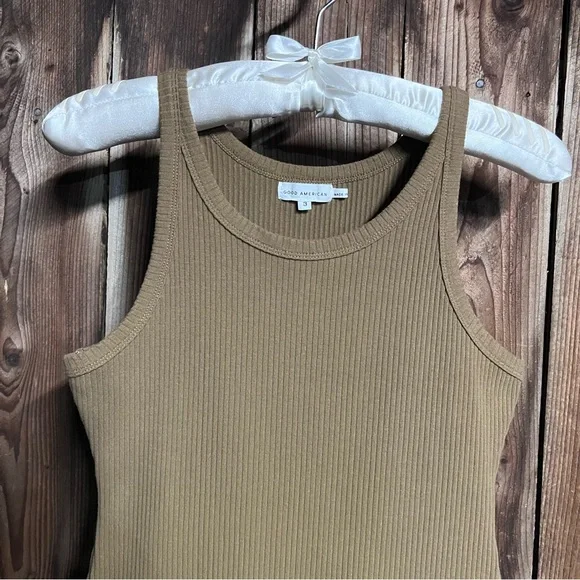 Good American Thong Tank Bodysuit Ribbed Khaki Forrest Green Brown High Leg Sz L - Picture 5 of 15
